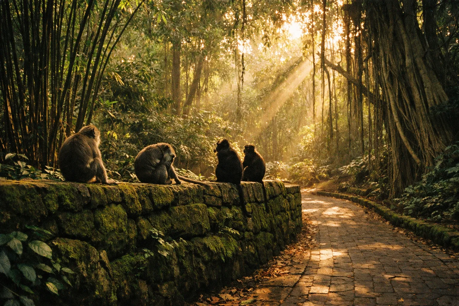 Macaques on a mossy wall along a sunlit forest path in Ubud's Sacred Monkey Forest, seen from behind