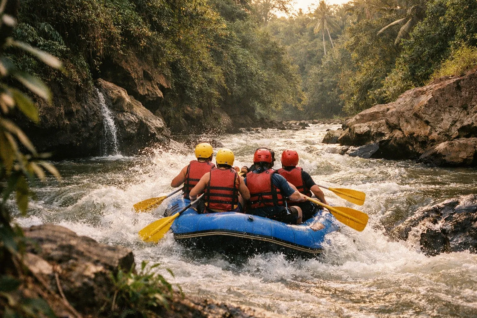 Rafters paddling through a rapid, jungle-clad Ayung River with spray and warm sunset light, seen from the riverbank