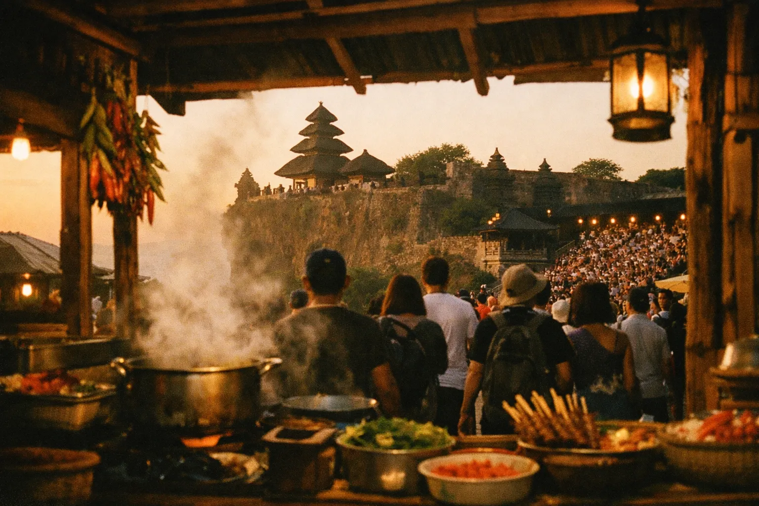 Crowds gather near food stalls with Uluwatu Temple on a cliff in the background at sunset.