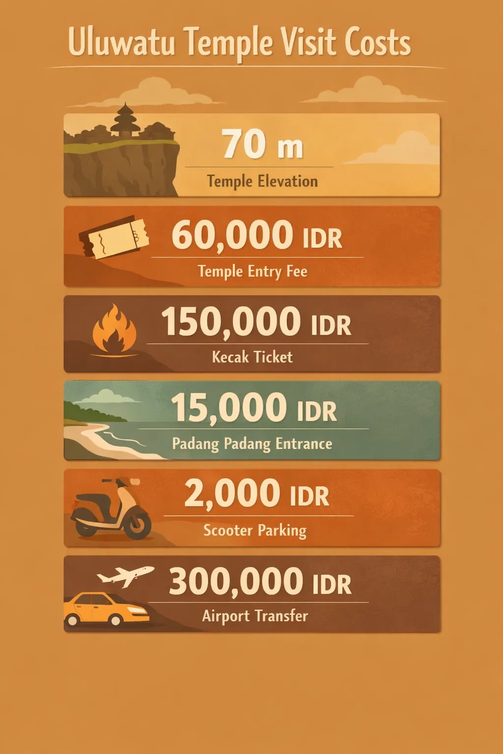 Infographic listing key costs for visiting Uluwatu: temple elevation, entry fee, Kecak ticket, beach entrance, scooter