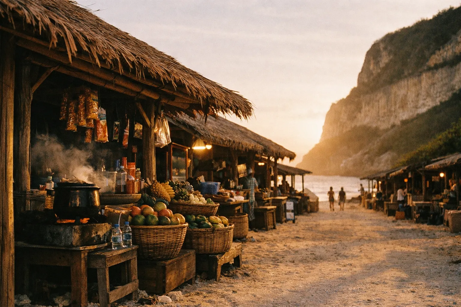 Beachside market stalls with fruit baskets and cooking pots near cliffs at sunset.