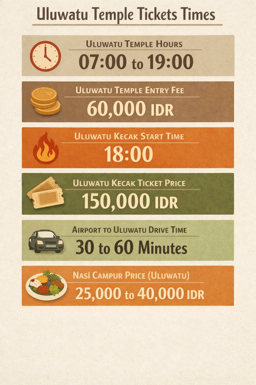 Uluwatu temple hours, entry fee and dance timings data visualized as key stats