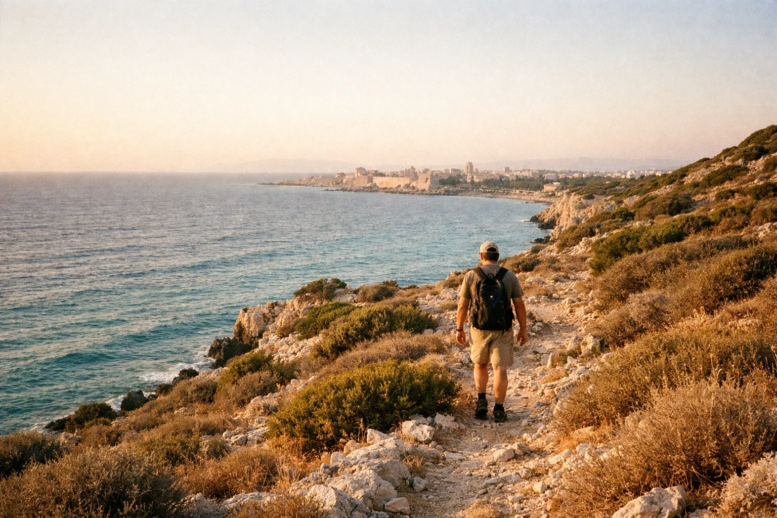Back view of a hiker along a cliff above the Aegean Sea at sunset, Rhodes coastline