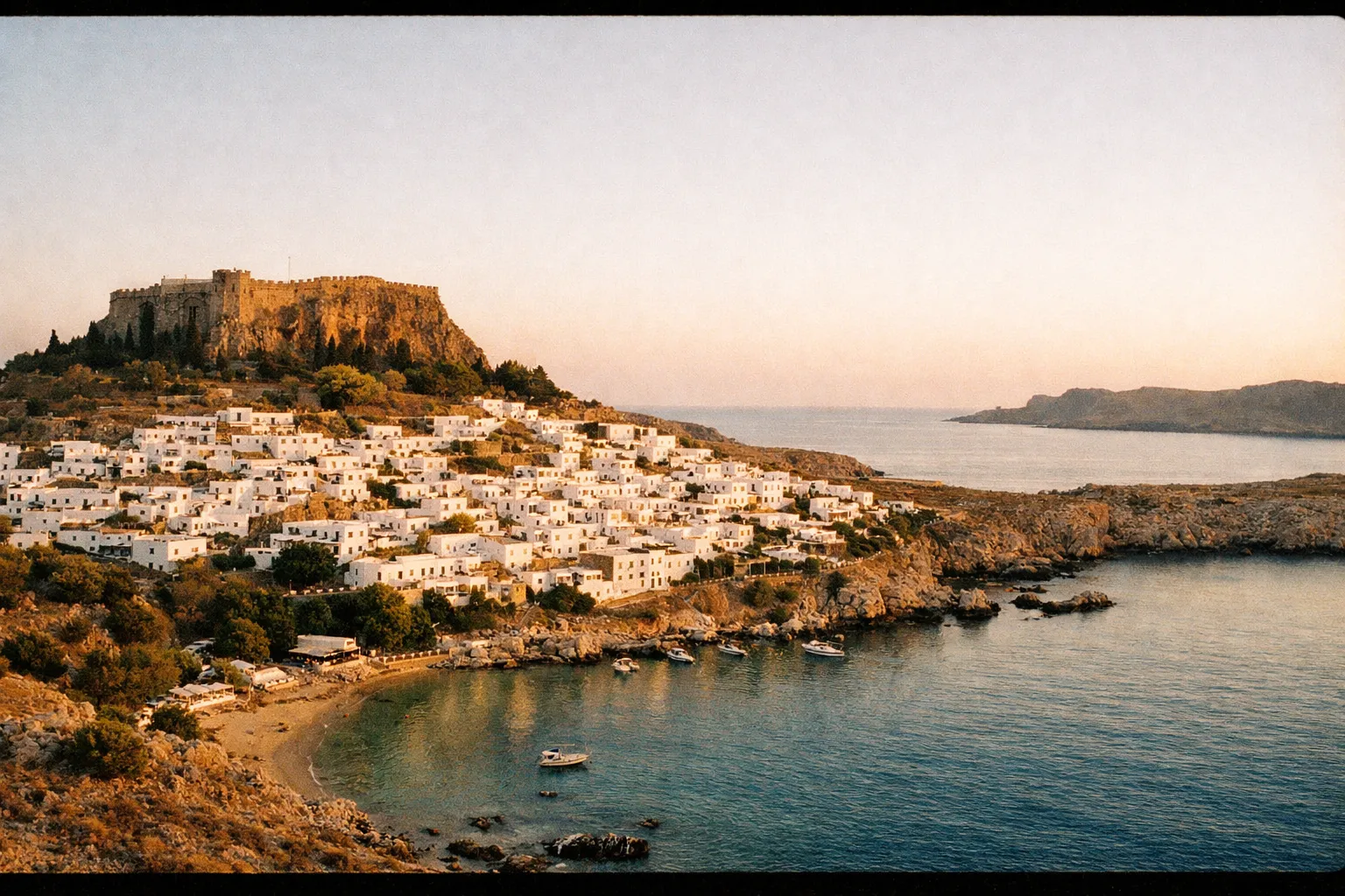 Lindos village perched on a cliff with the Acropolis above and a blue bay below at sunset