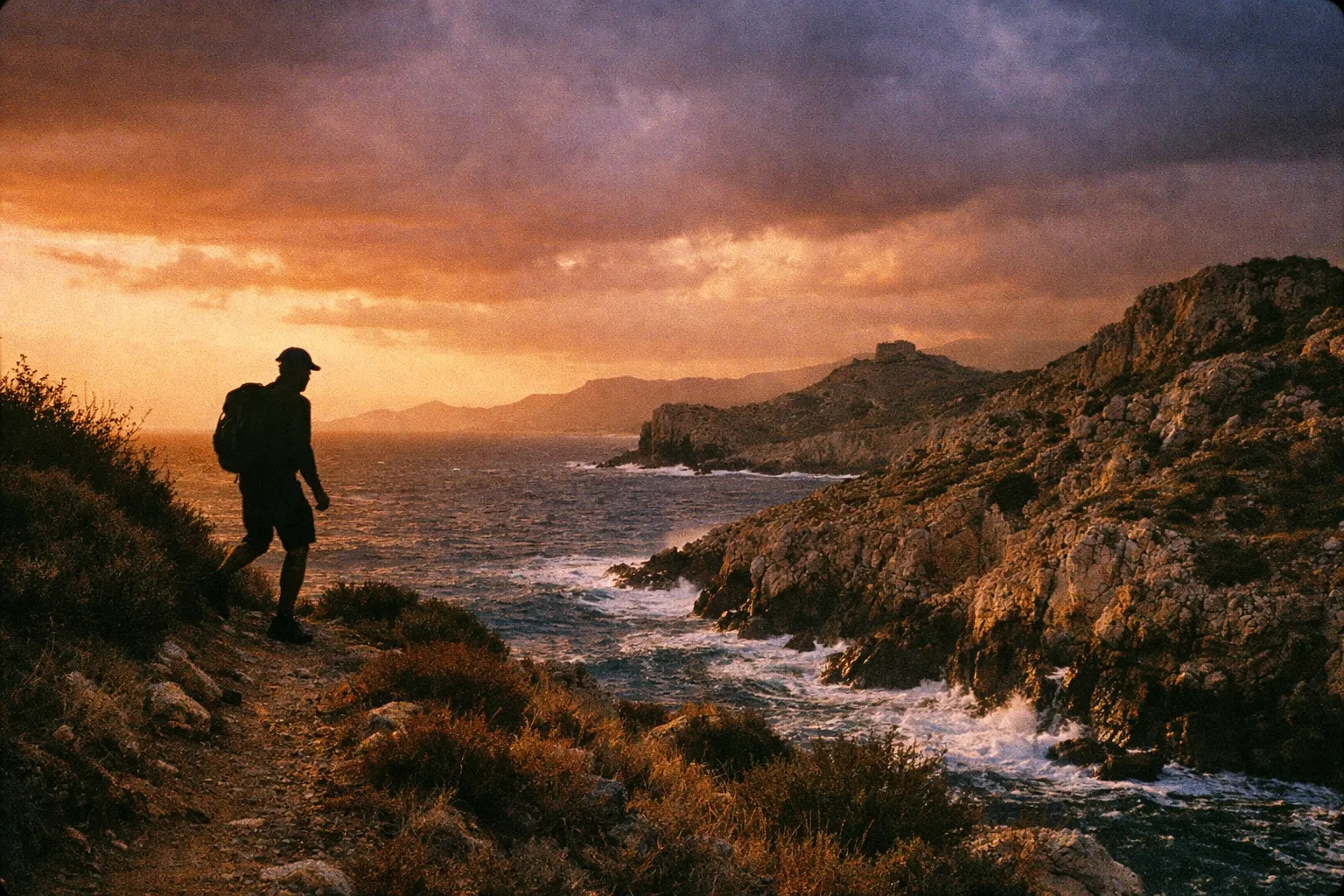 Silhouette of a hiker along a Rhodes coastal trail with dramatic sky