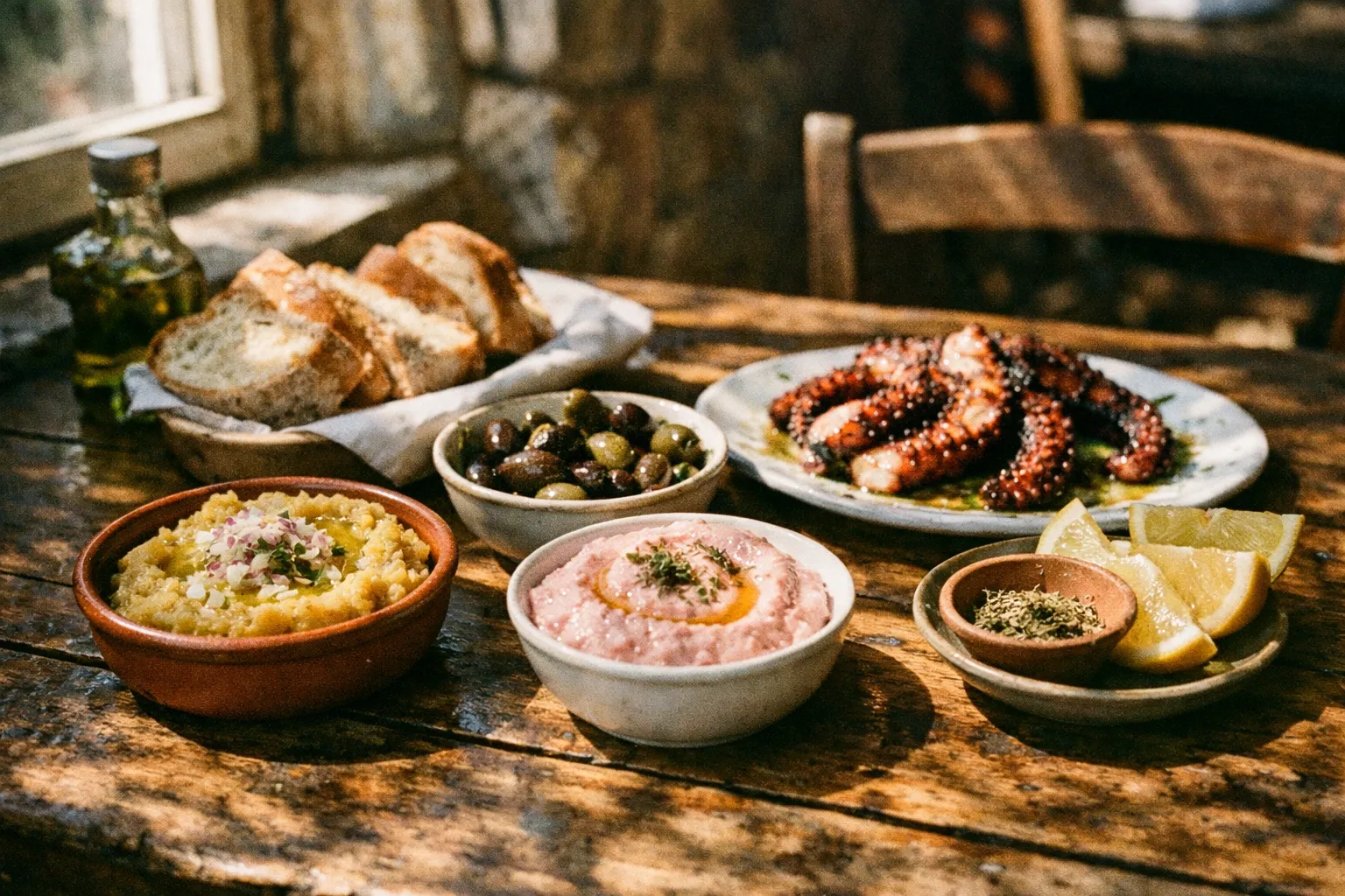 Rustic Rhodes tavern table with mezze and grilled octopus in sunlit warmth