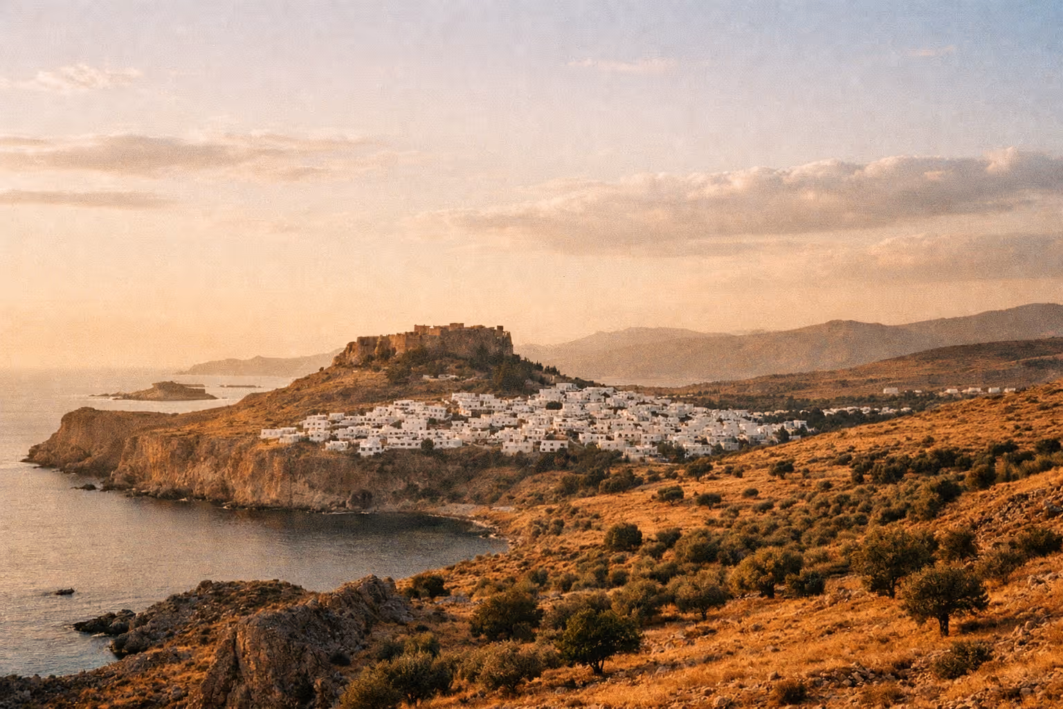 Panoramic Rhodes at golden hour with coastline, Lindos cliff village, and olive hills