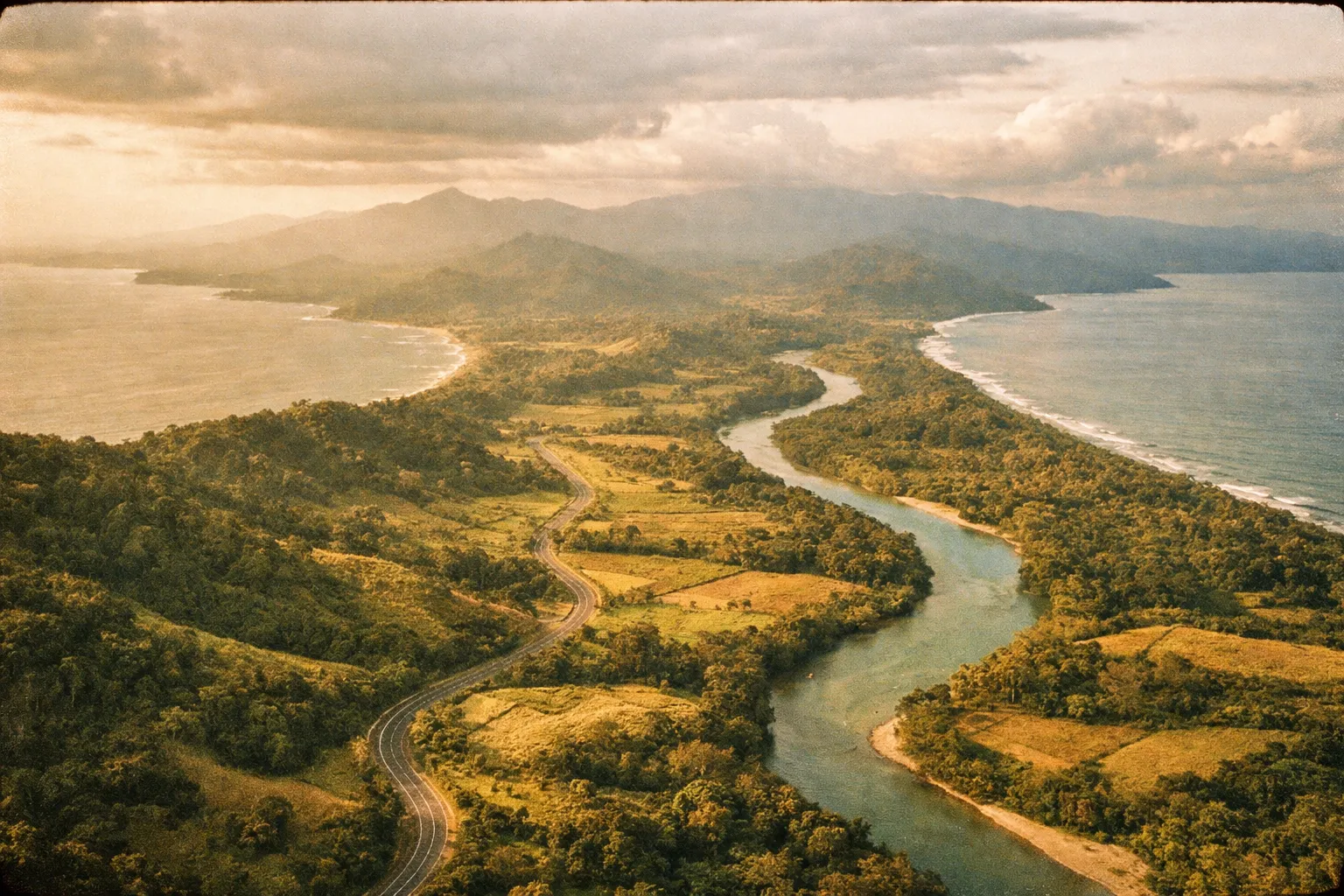 Aerial view over Costa Rica’s narrow isthmus: emerald jungle, winding road, distant mountains