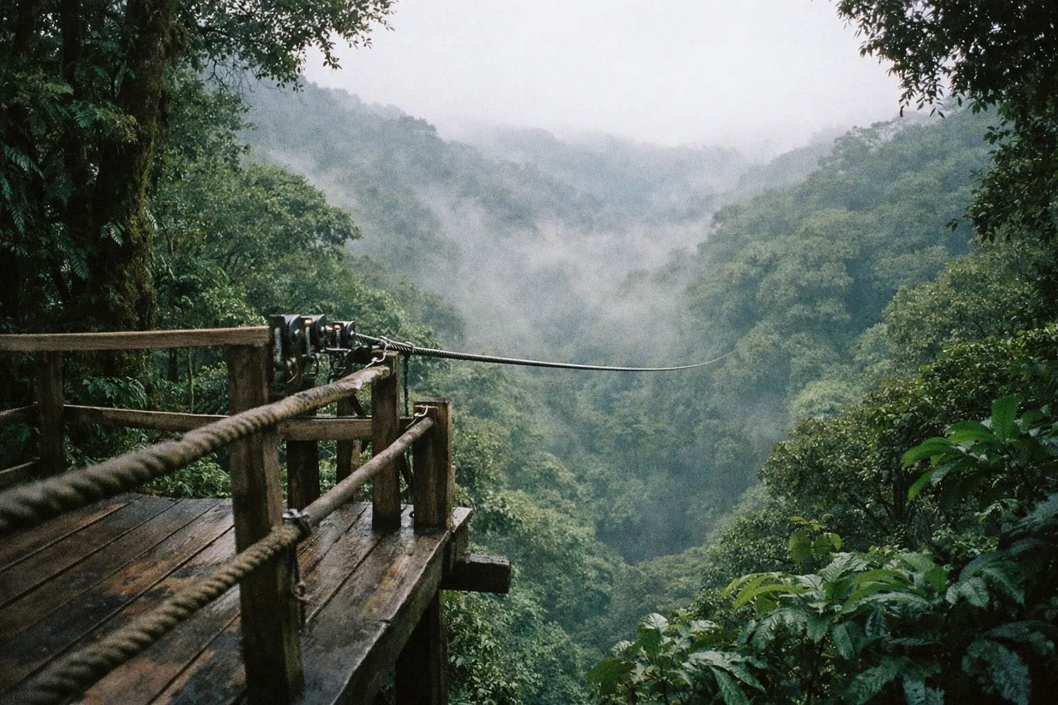 Empty tree-top platform with a zipline crossing a misty canyon