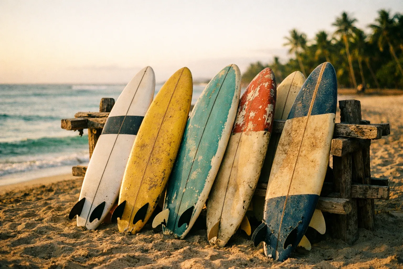 Row of surfboards leaning against a weathered wooden rack on a sunny Costa Rican beach at golden hour; no people visible.