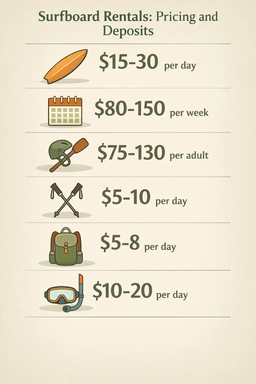 Infographic showing Costa Rica gear rental prices: surfboards $15-30/day and $80-150/week, rafting $75-130/adult, hiking