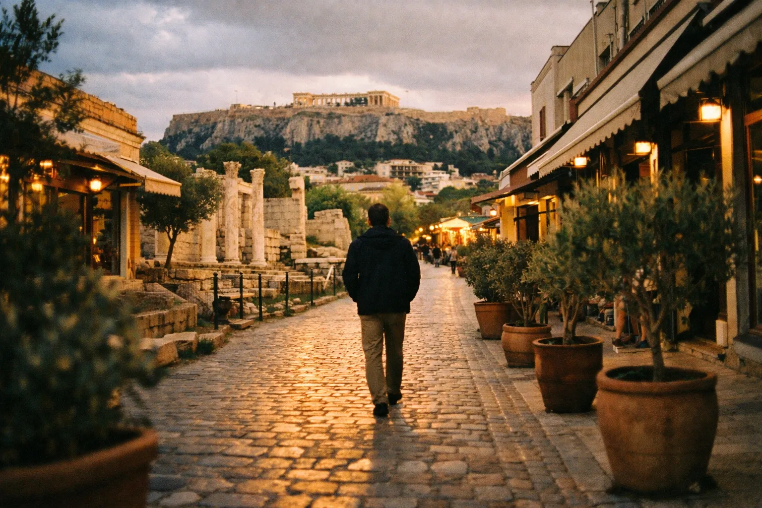 Sunlit street with ancient ruins and modern storefronts in Athens during golden hour, viewed from a low angle
