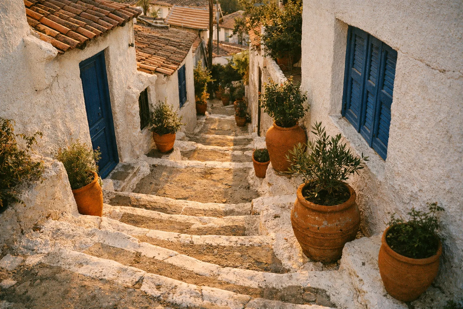 Colorful alley in Plaka with white walls and blue doors, sunset glow