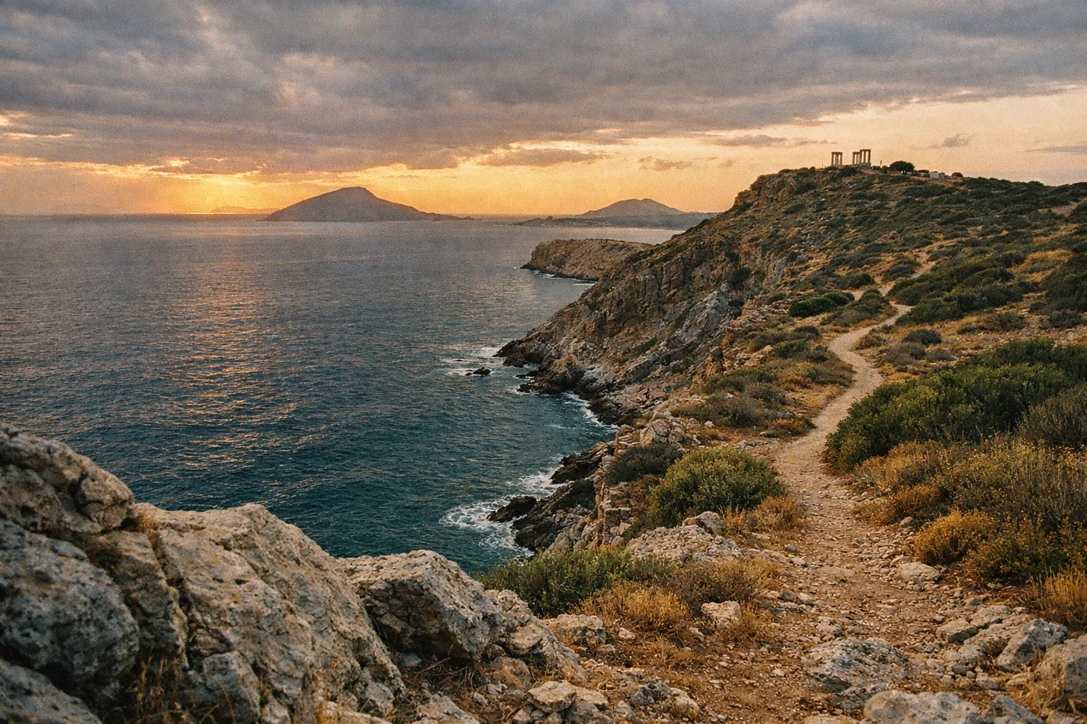 Dramatic seascape along Cape Sounion at golden hour, cliffs and turquoise sea