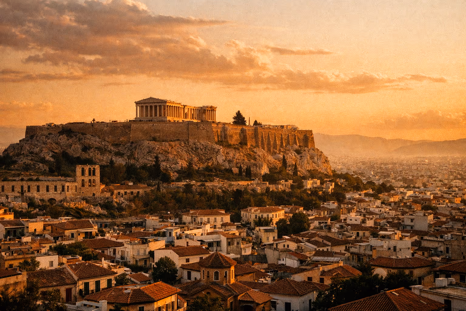 Athens skyline at golden hour with the Acropolis silhouette over the city