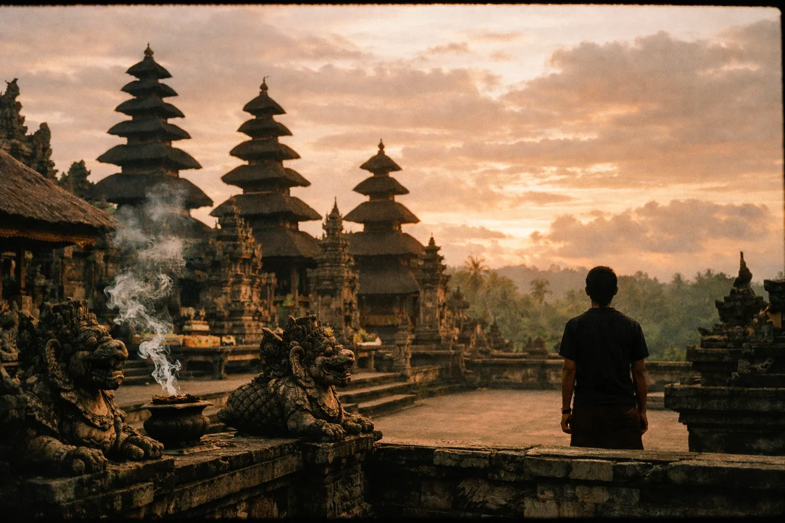 Silhouette of a Balinese temple courtyard at golden hour with carved stone reliefs and wisps of incense