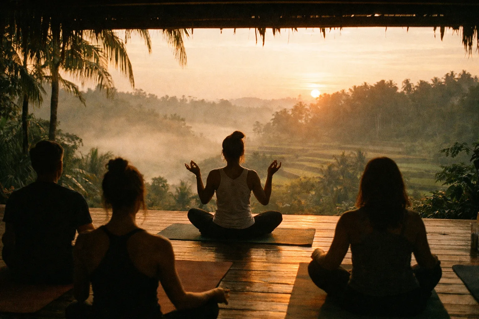 Dawn yoga session on a wooden deck above jungle and rice terraces in Ubud, silhouettes of practitioners in poses