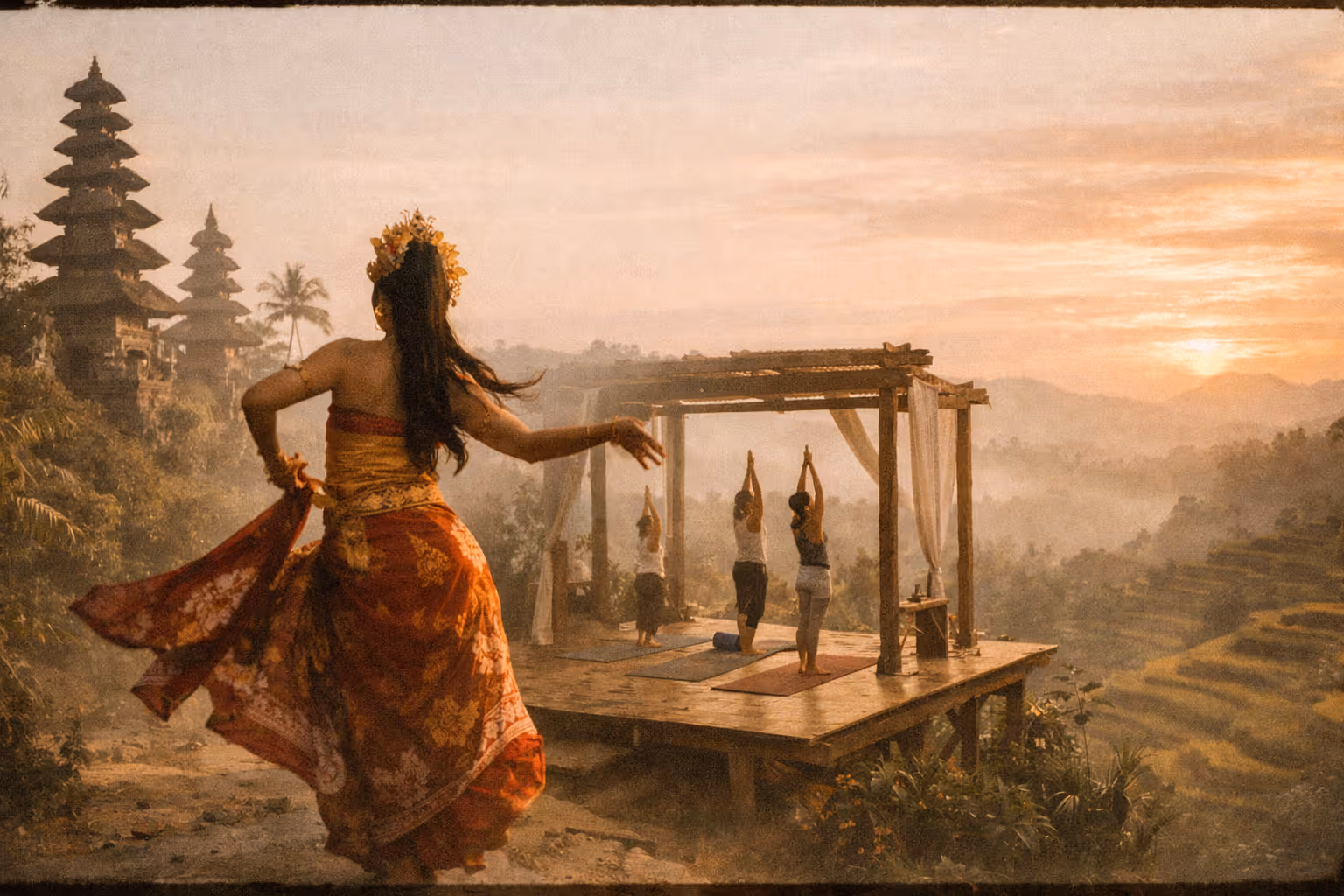 Overview panorama of Bali’s temples, a dancer in silhouette, and a yoga platform above rice terraces at golden hour