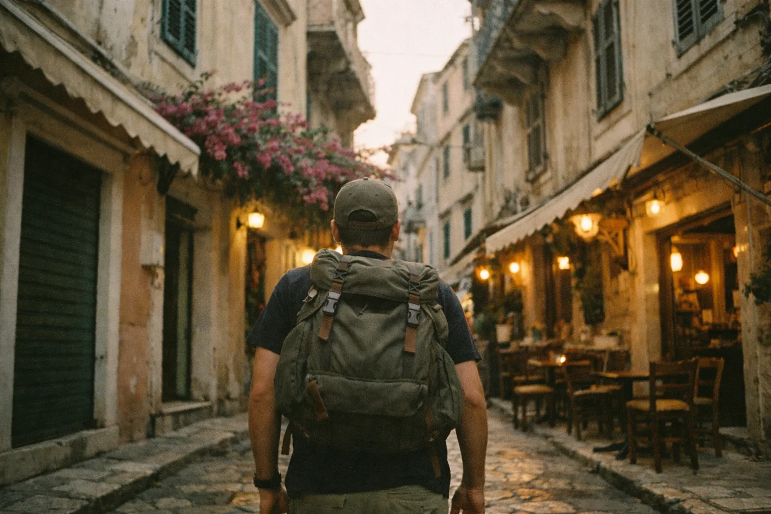 Man wearing a backpack walking down a narrow cobblestone street lined with old buildings and outdoor cafes