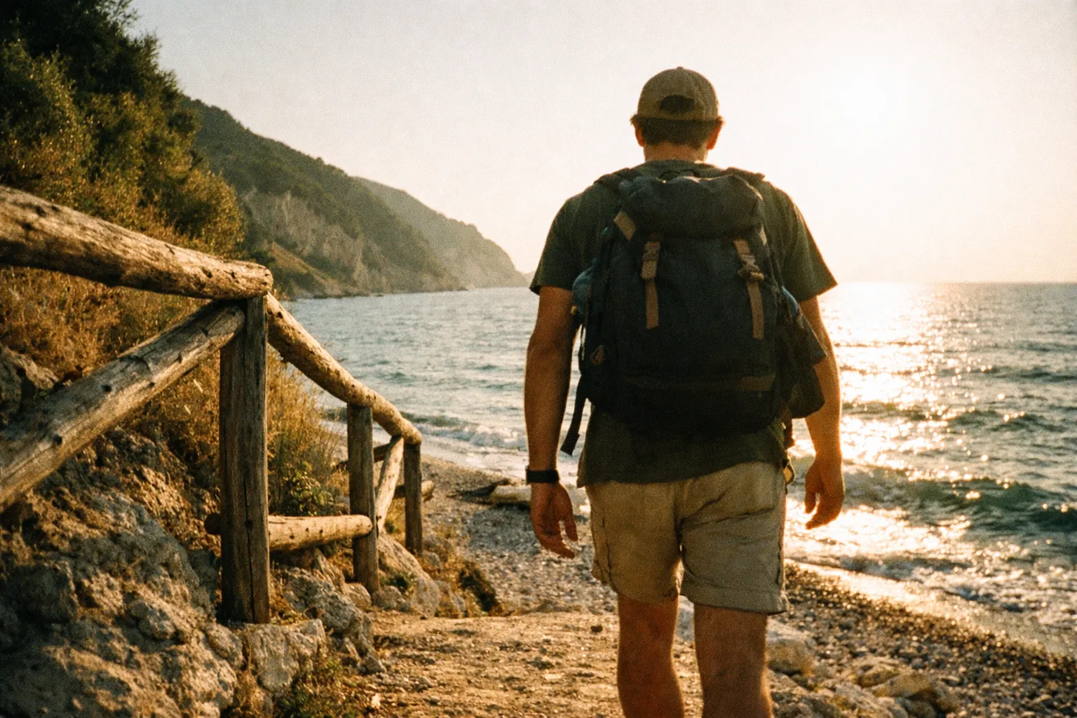 Person with a backpack walking along a coastal path beside the sea during sunset