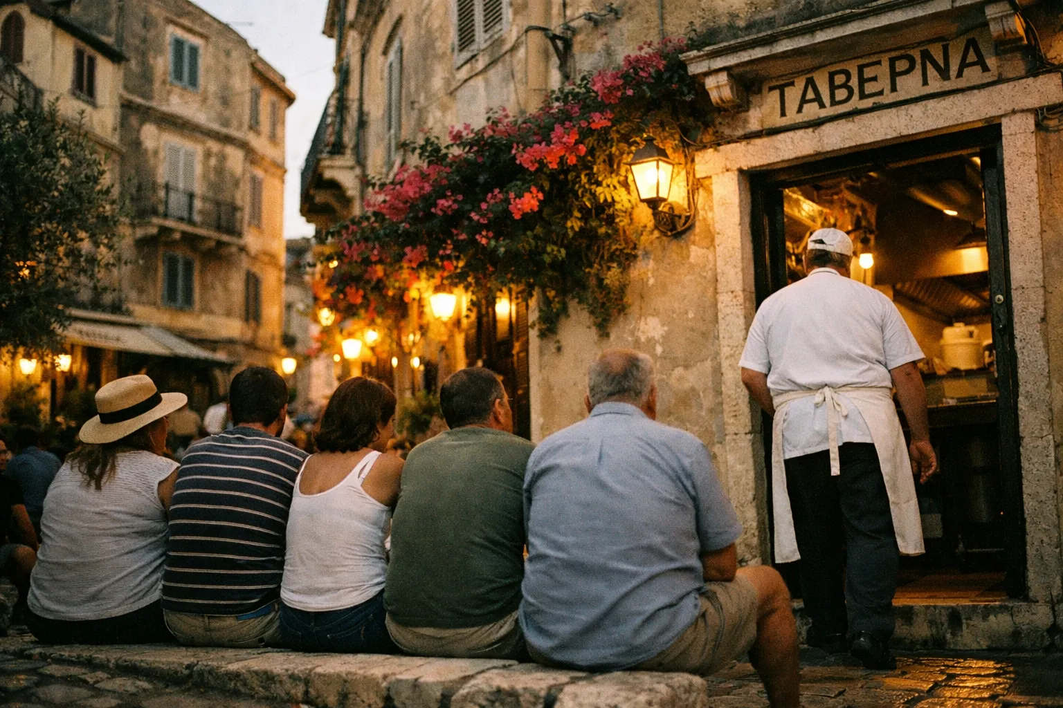 People sitting on a stone ledge outside a taverna on a narrow street with flowers and lanterns