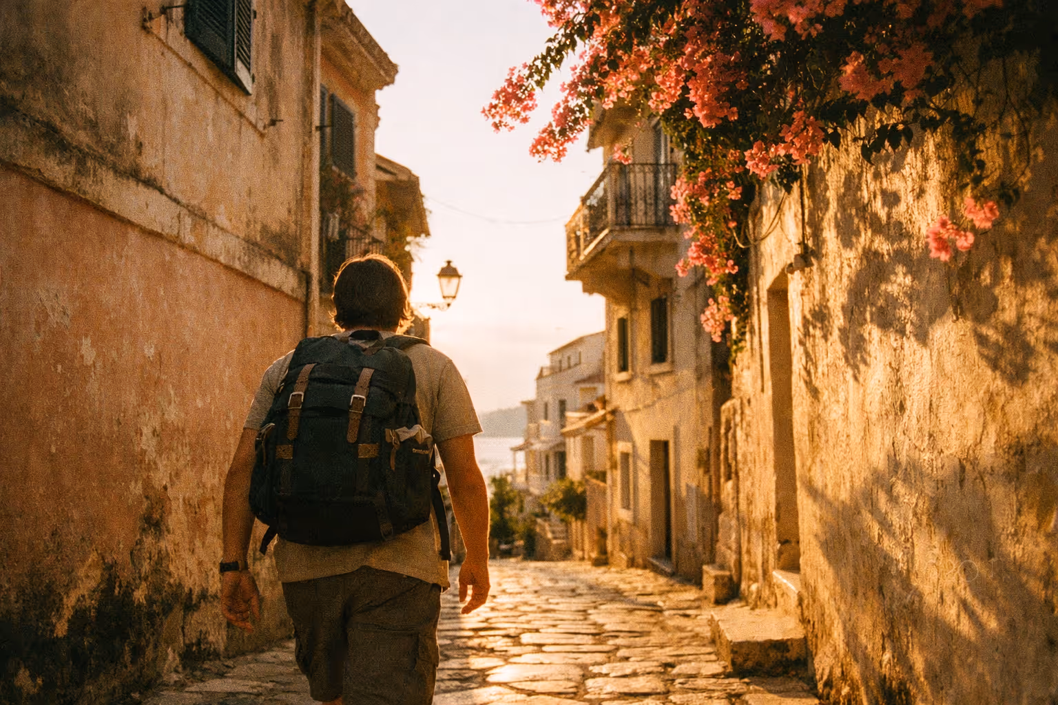 Person with a backpack walking down a sunlit stone street lined with old buildings and flowering vines
