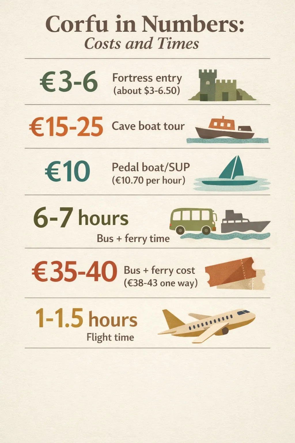 Fortress entry €3-6 (about $3-6.50); cave boat tour €15-25; pedal boat/SUP €10 (about $10.70) per hour; bus+ferry time 6-7