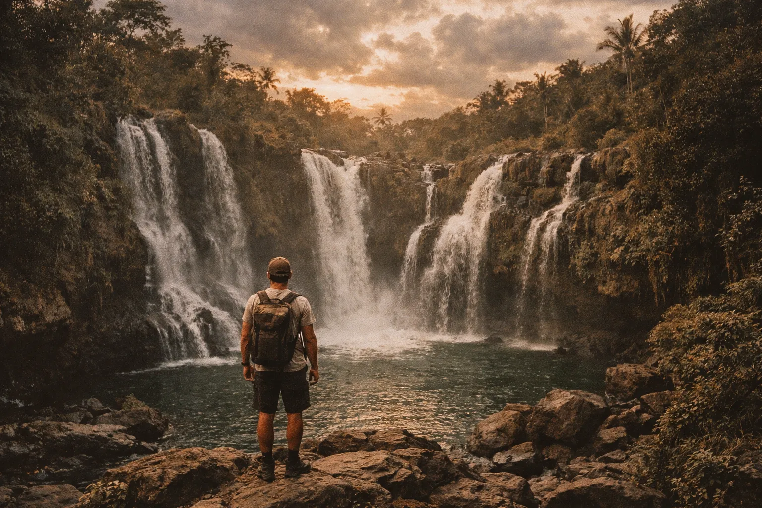 Back-view hiker overlooking cascading Bali waterfalls at golden hour