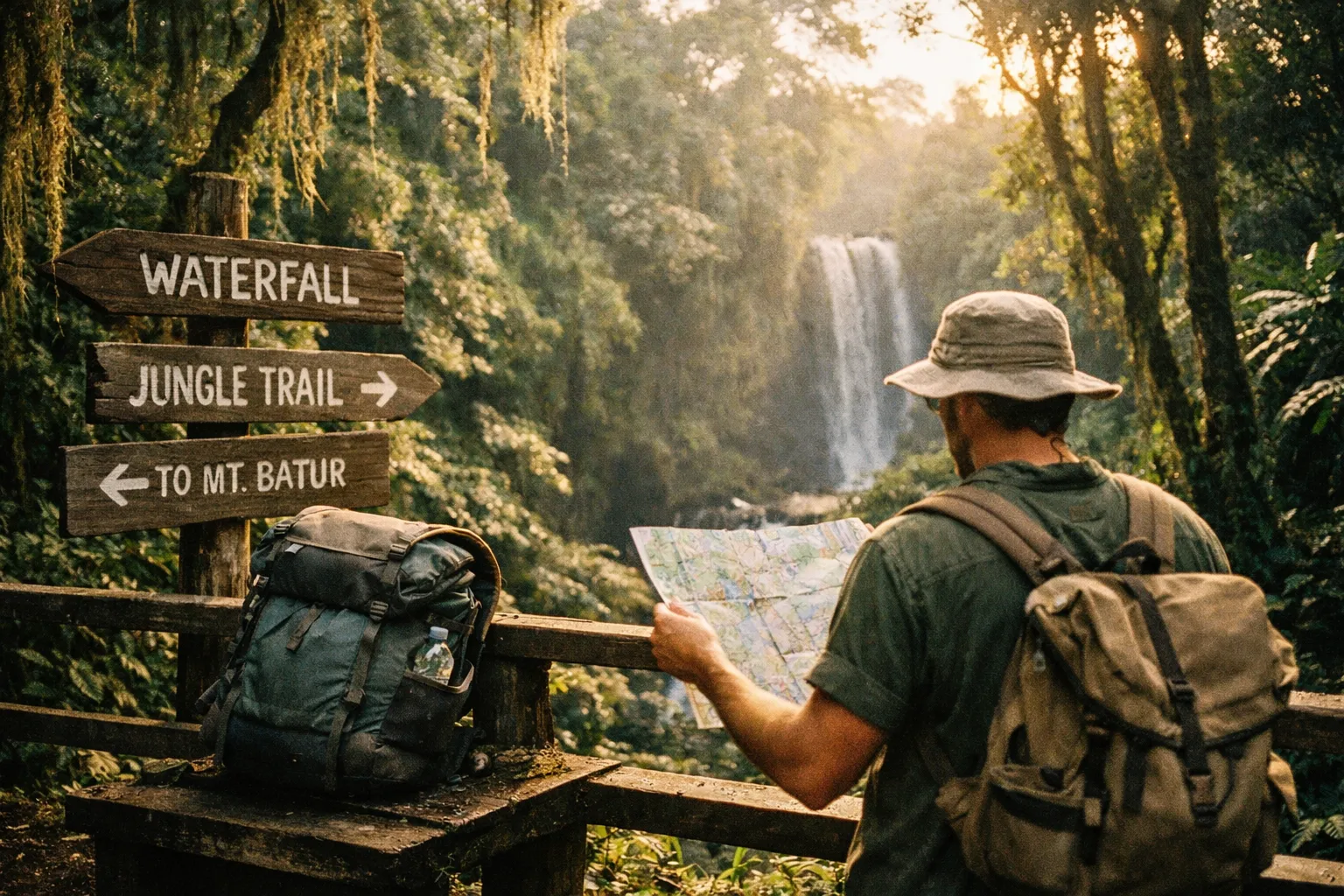 Traveler seen from behind studying a map at a forest trailhead toward a Bali waterfall