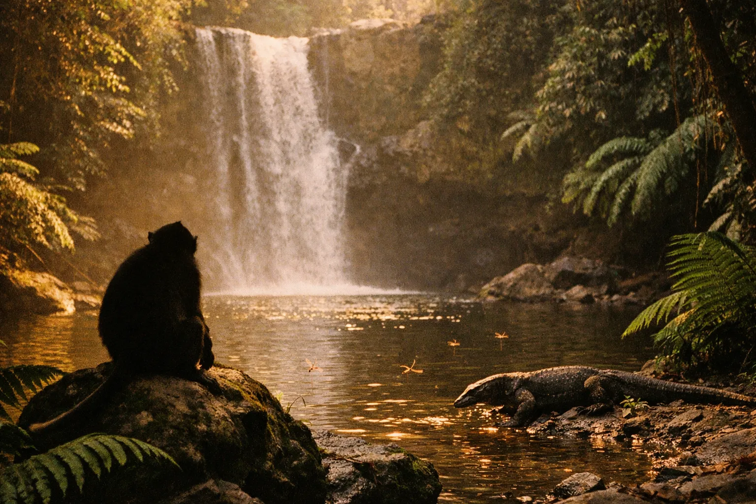 Silhouette of Balinese macaque on a rock with a monitor lizard nearby near a waterfall