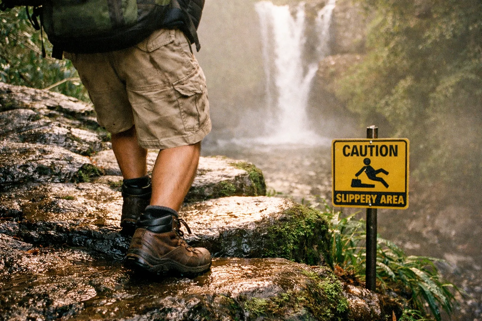 Hiker navigating a slippery, mossy rock path beside a Bali waterfall