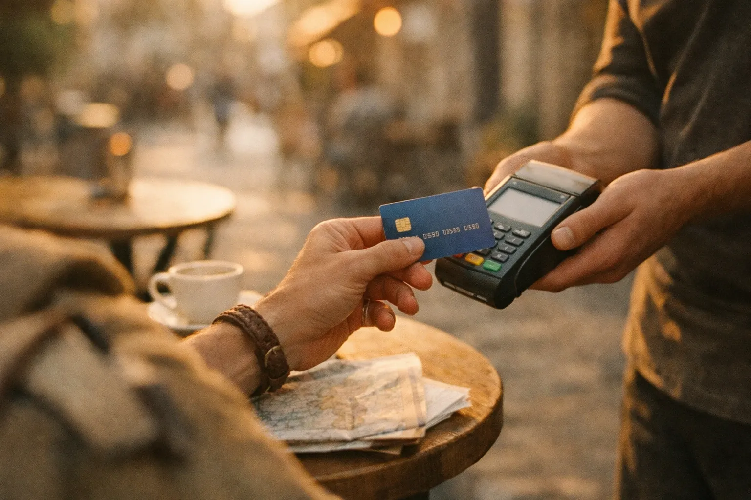 Traveler paying at an outdoor cafe with a debit card, hands visible, golden hour light