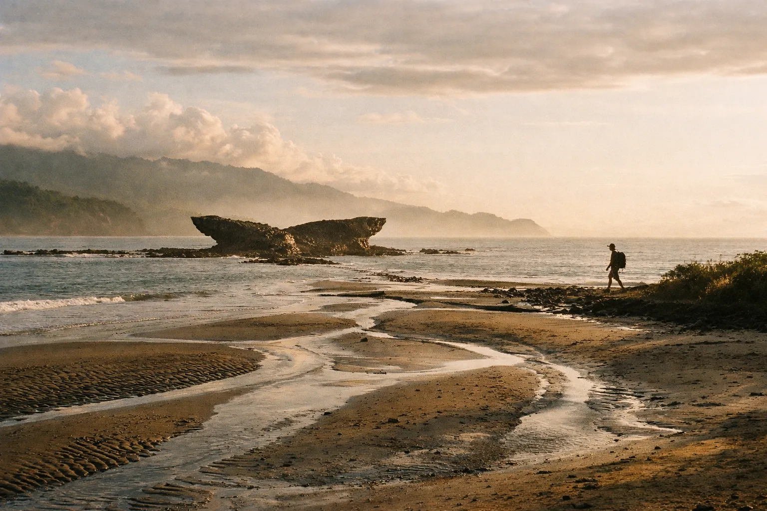 Golden-hour view of the Whale Tail formation at Marino Ballena National Park with a hiker silhouette