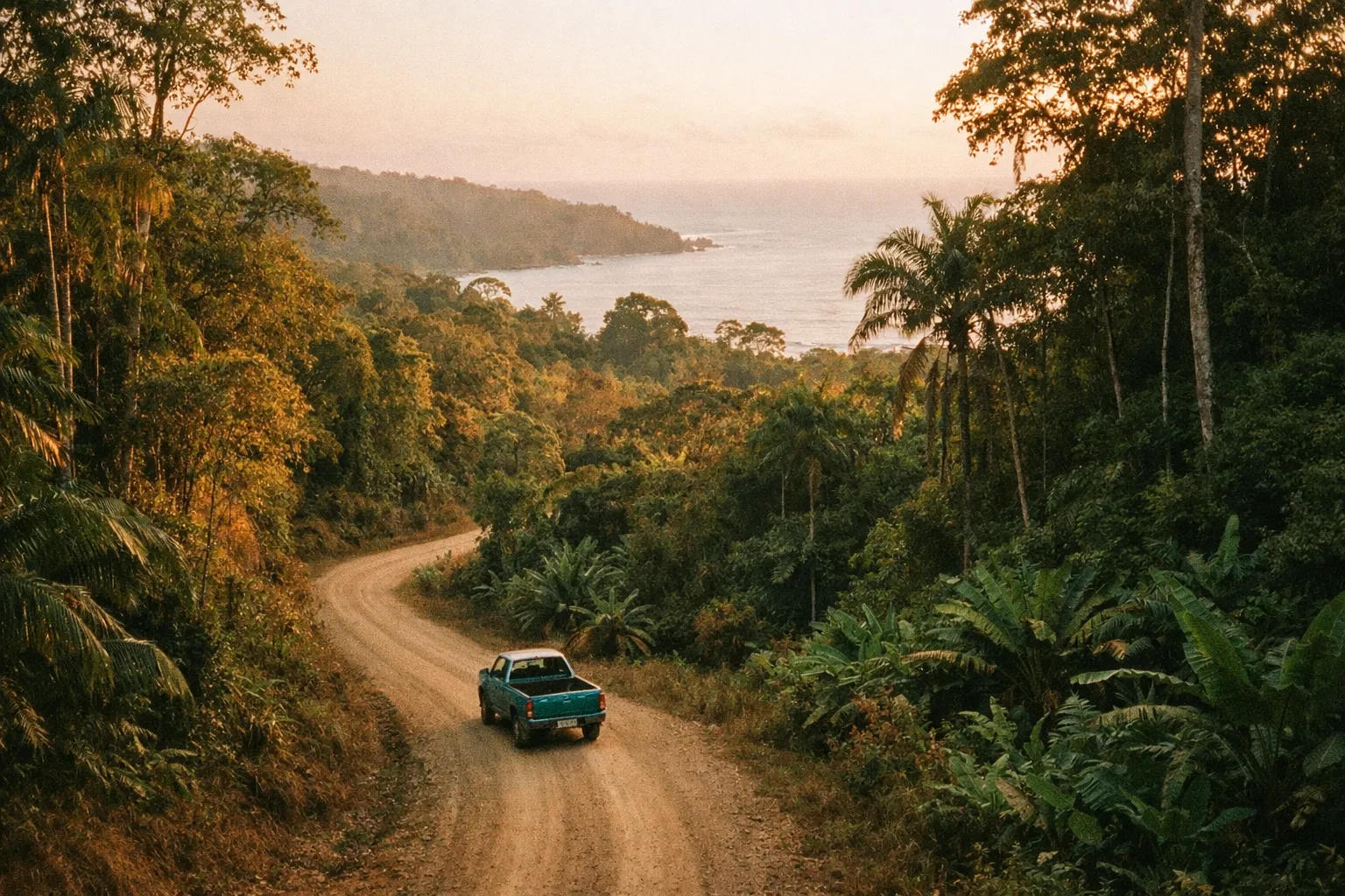 Winding dirt road through tropical forest with a small turquoise pickup on the road