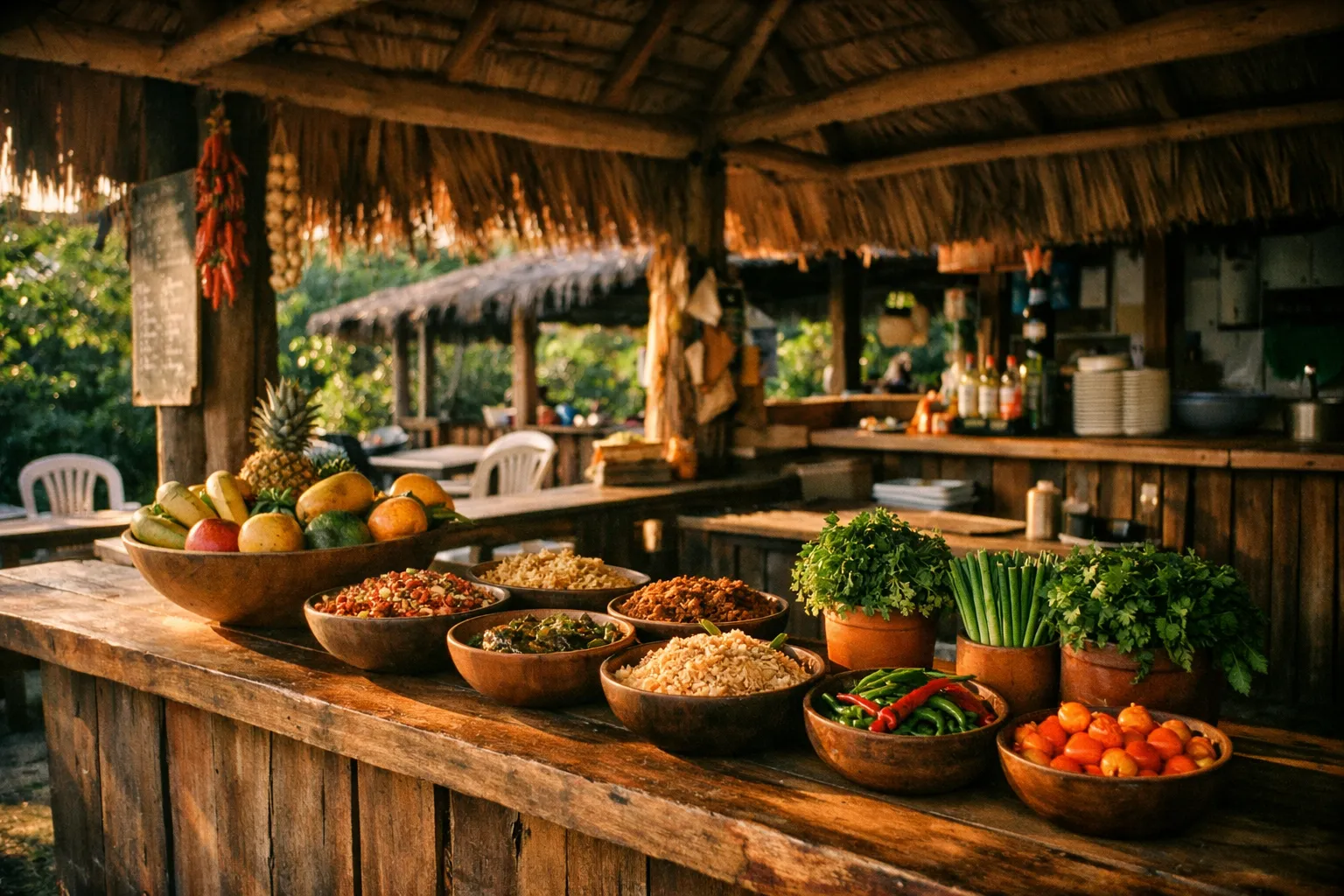 Open-air Costa Rican market stall with colorful fresh produce and local dishes