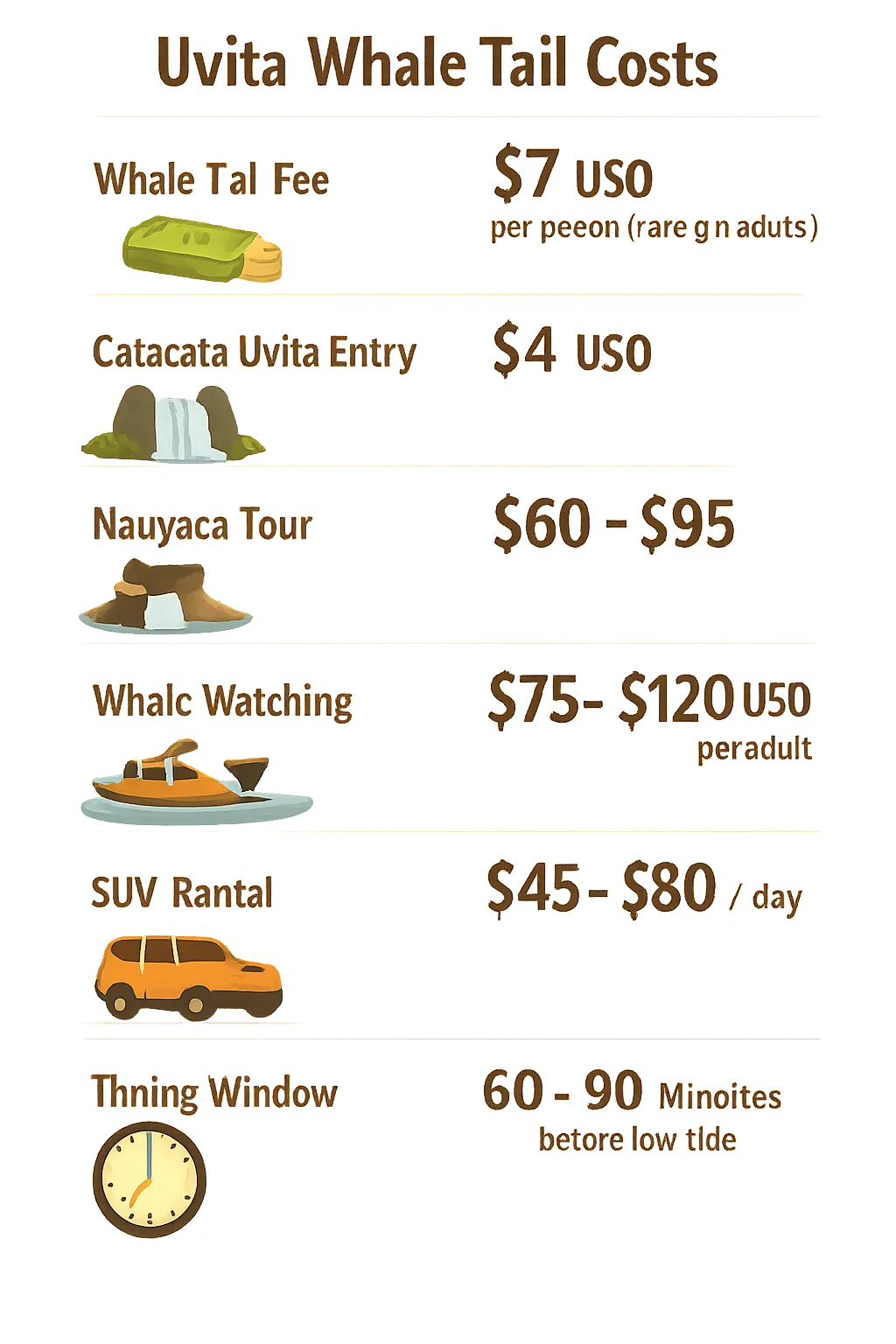 Flat-design infographic showing Uvita costs: Whale Tail entry $7, Catarata Uvita $4, Nauyaca tour $60-$95, Whale watching