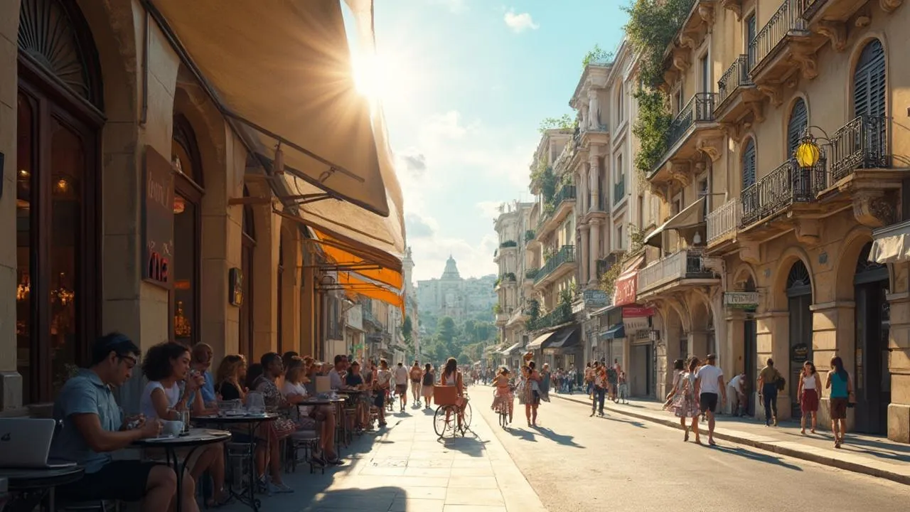 People sit at outdoor cafes and walk along a busy street with historic buildings in Athens, with the Acropolis in the