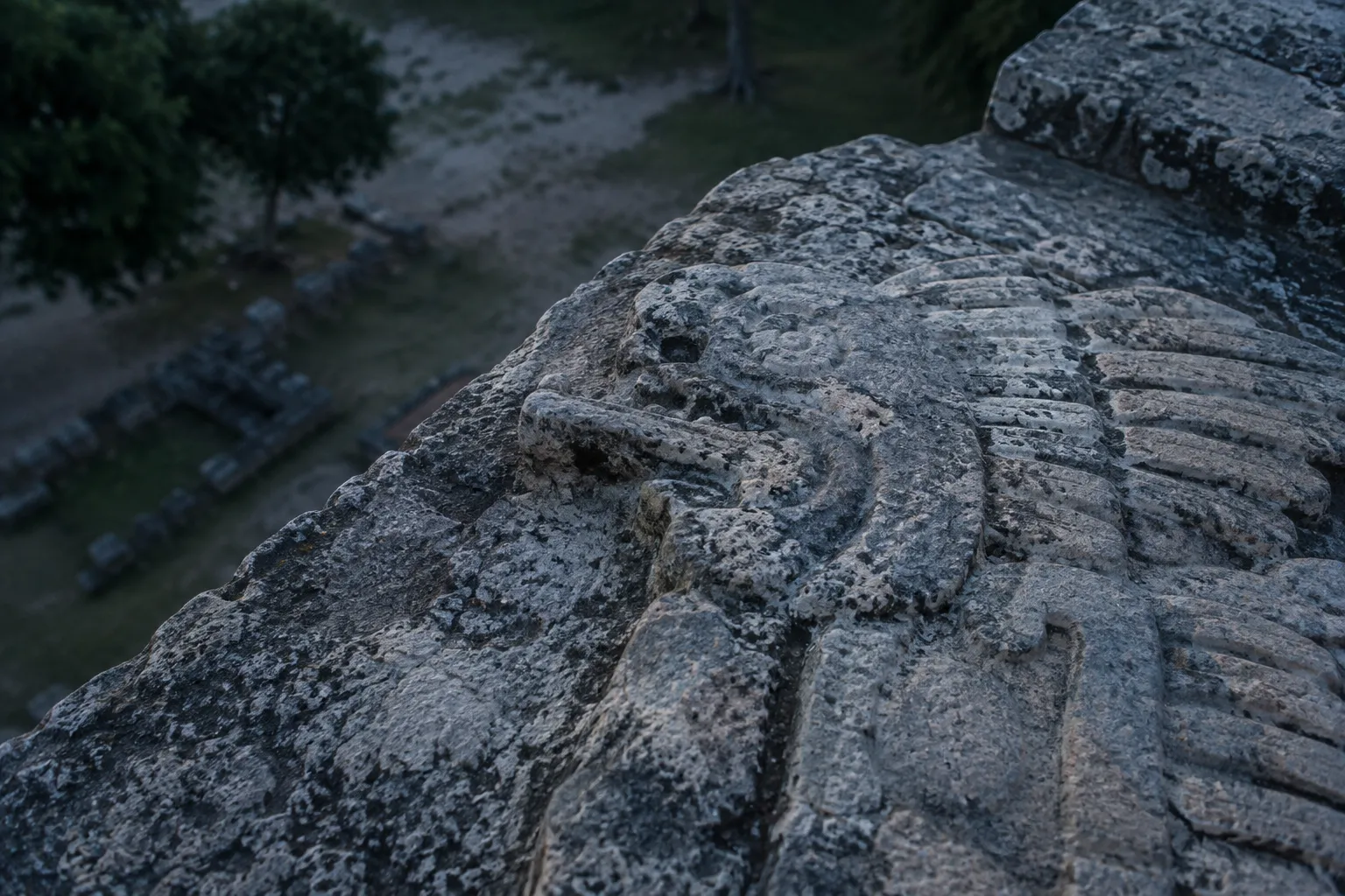 Weathered carved stonework at an ancient archaeological site.