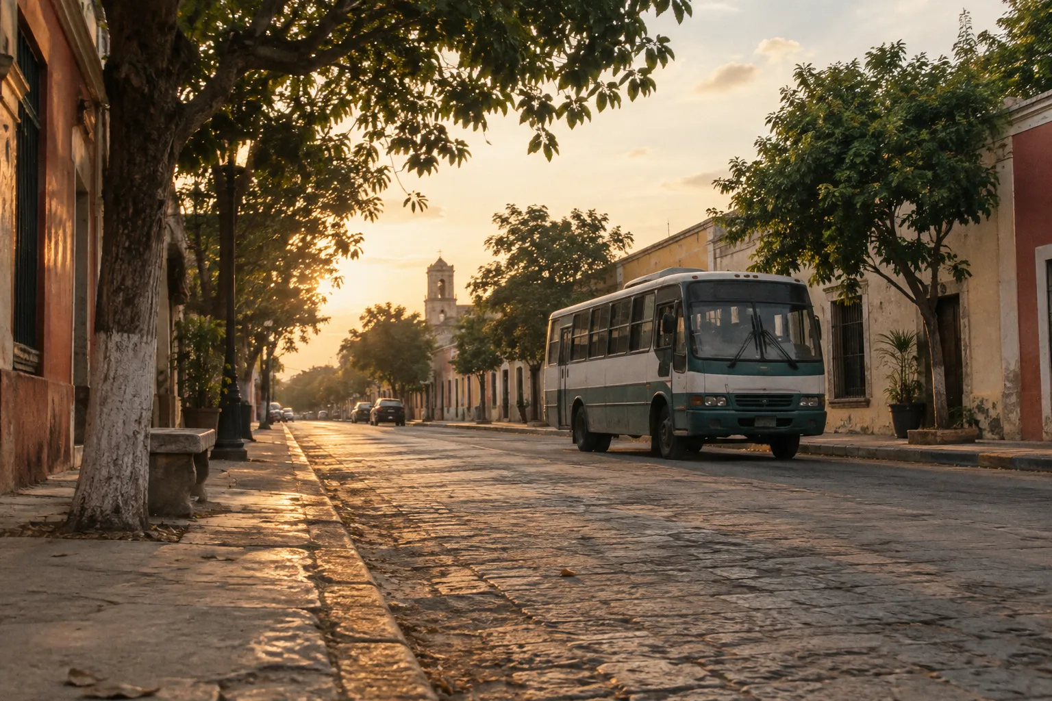 A bus travels along a tree-lined cobblestone street in a historic town at sunset.