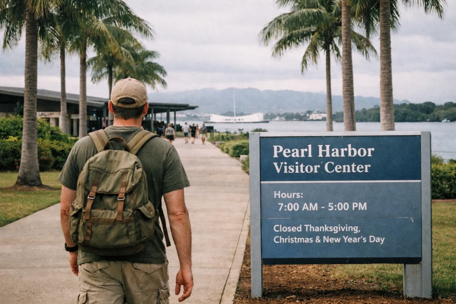A man with a backpack walks toward the Pearl Harbor Visitor Center under palm trees near the waterfront.