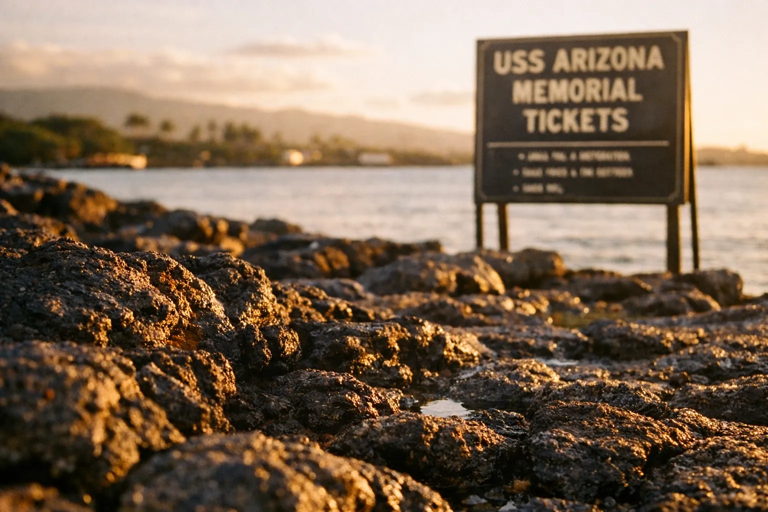 A USS Arizona Memorial Tickets sign stands by the rocky shore at Pearl Harbor.