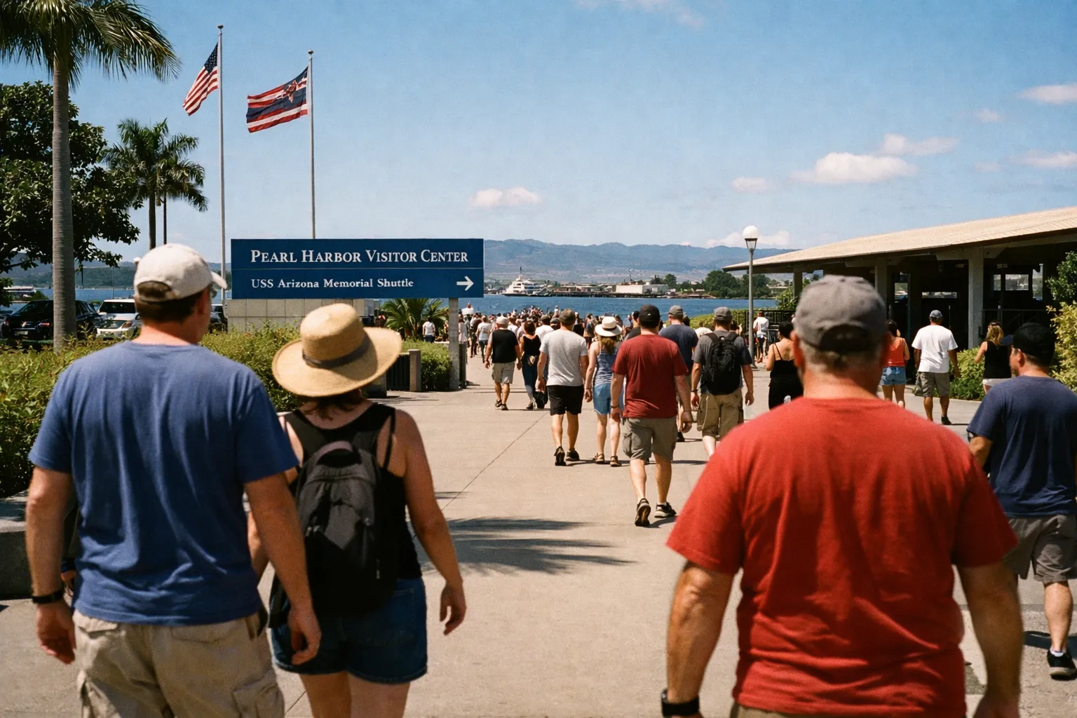 Visitors walk toward the Pearl Harbor Visitor Center on a sunny day.