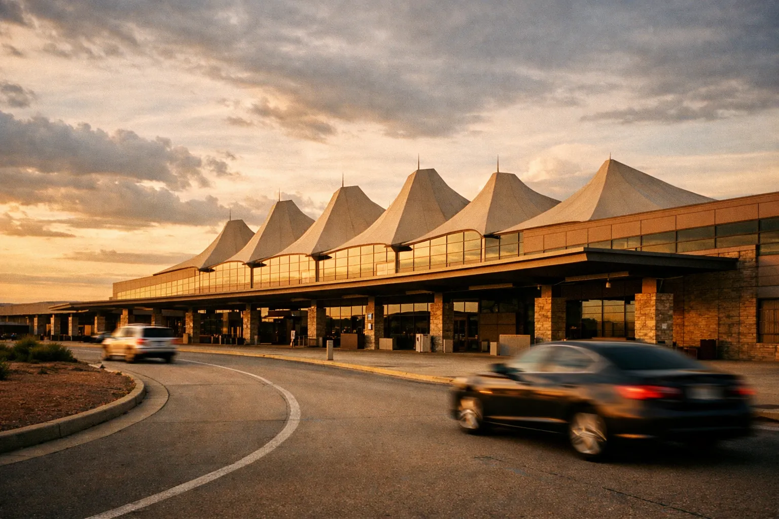 Exterior view of the COS terminal with curbside loop at golden hour