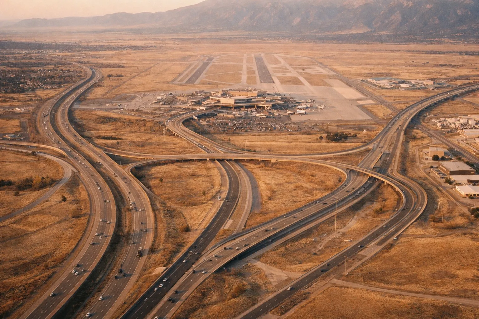 Aerial highway approach to Colorado Springs Airport, illustrating major routes