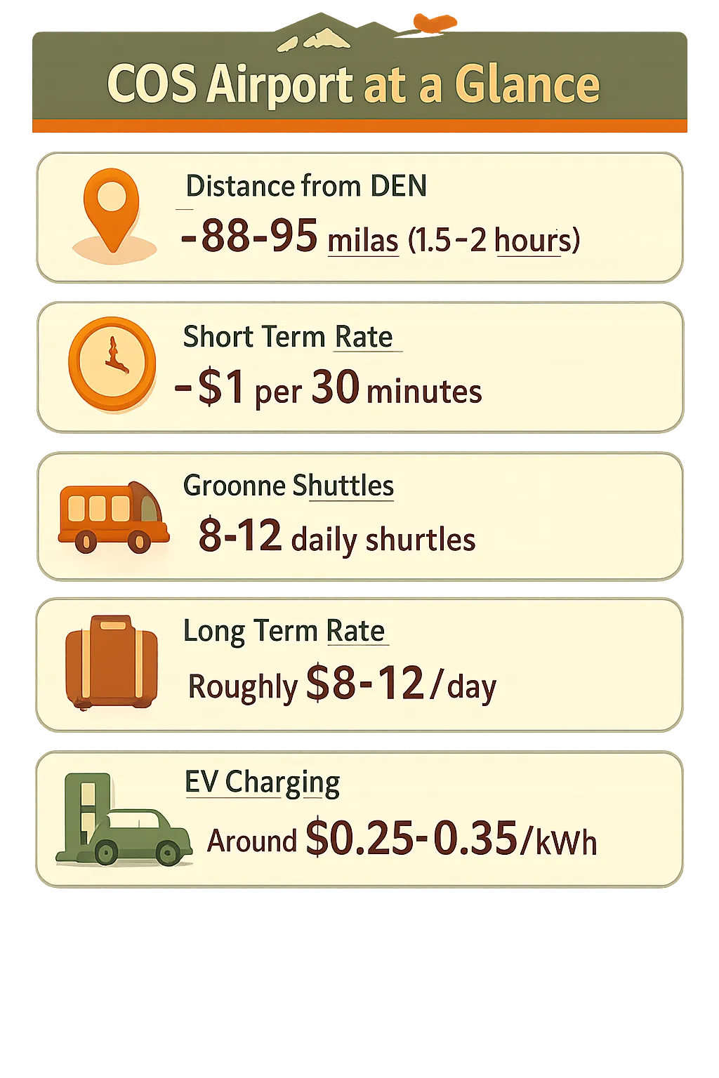 Infographic showing COS key figures: distance from DEN, parking costs, shuttle frequency, and charging price.