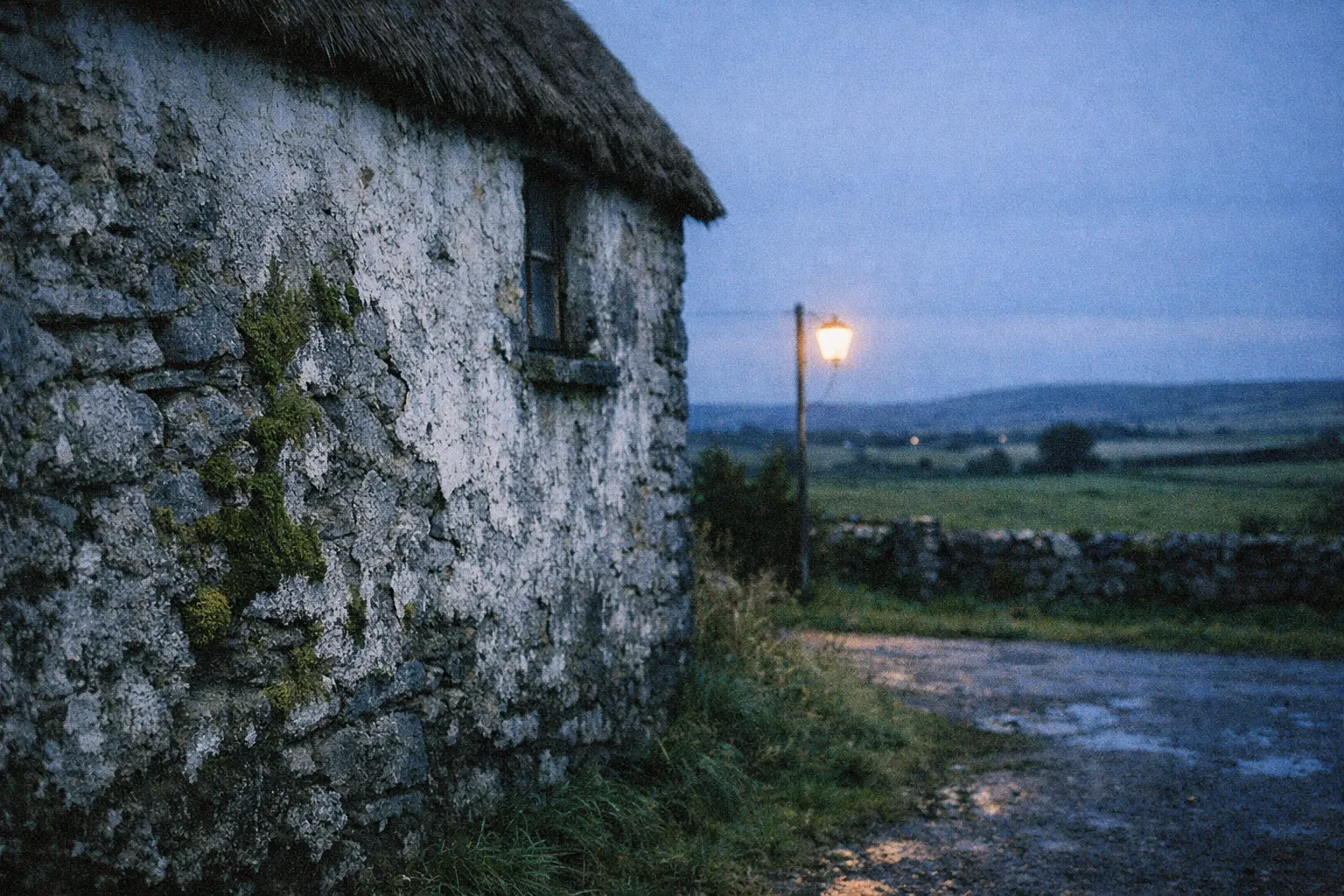 Old stone cottage with thatched roof next to a rural road and a lit streetlamp at dusk