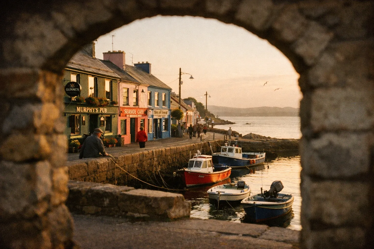 Fishing boats are moored at a small harbor beside colorful pubs and cafes in a coastal Irish village at sunset.