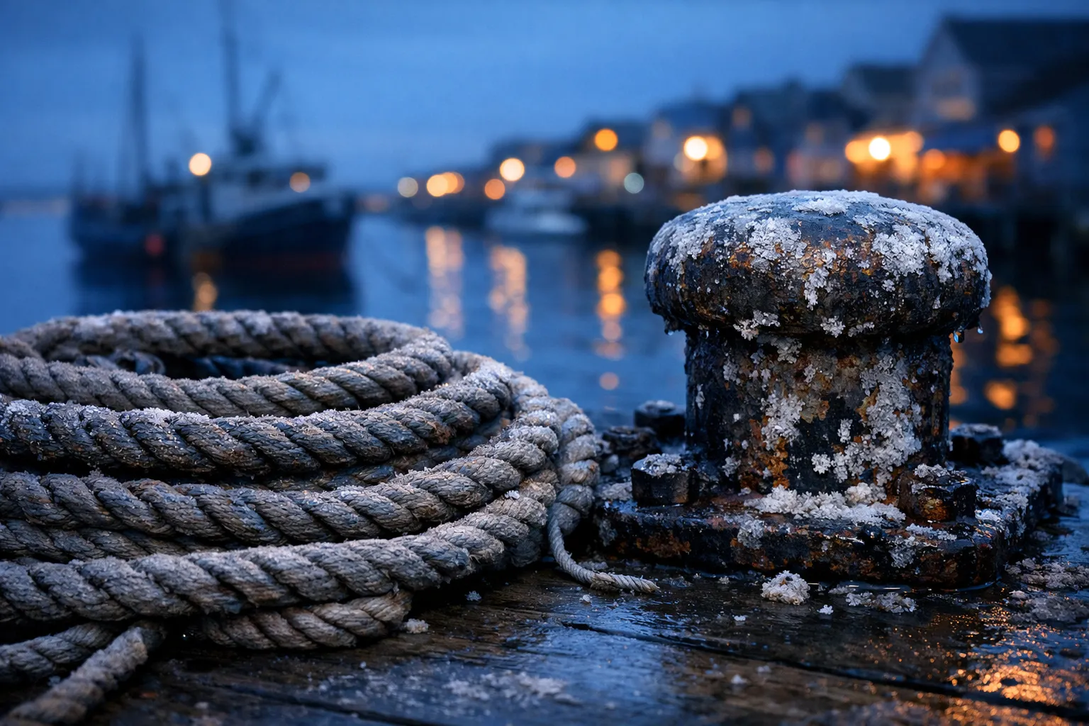 Frost-covered mooring post and coiled rope on a harbor dock at dusk, with fishing boats and village lights in the background.