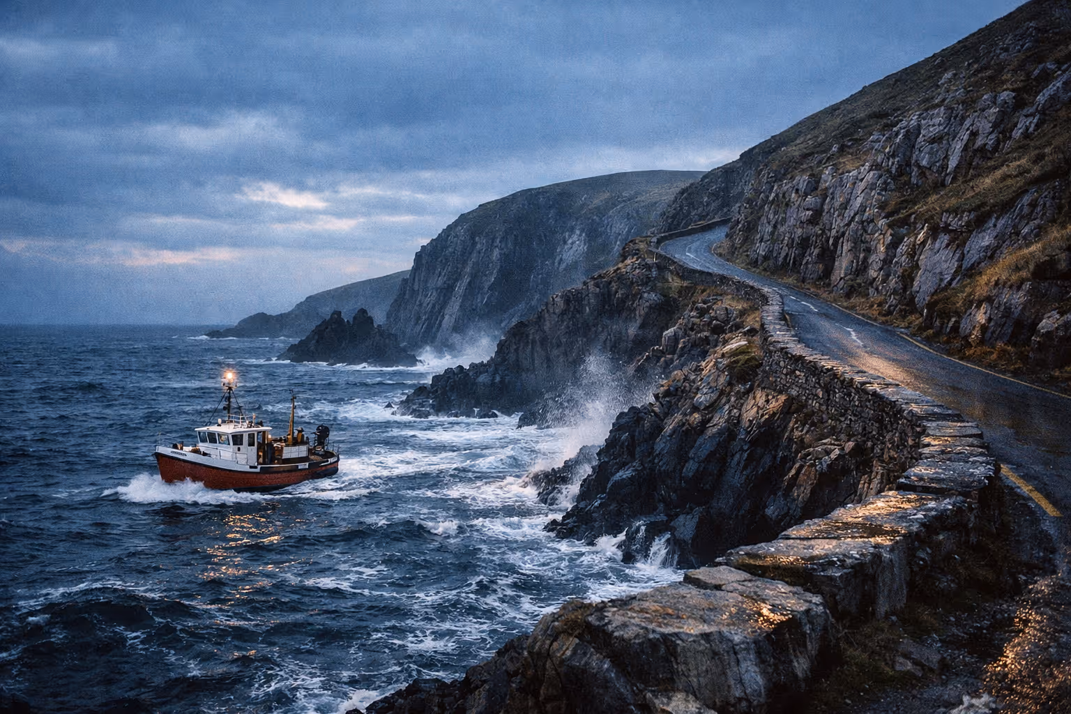 A fishing boat sails along rough seas beside a winding coastal road and cliffs on Ireland's Wild Atlantic Way.