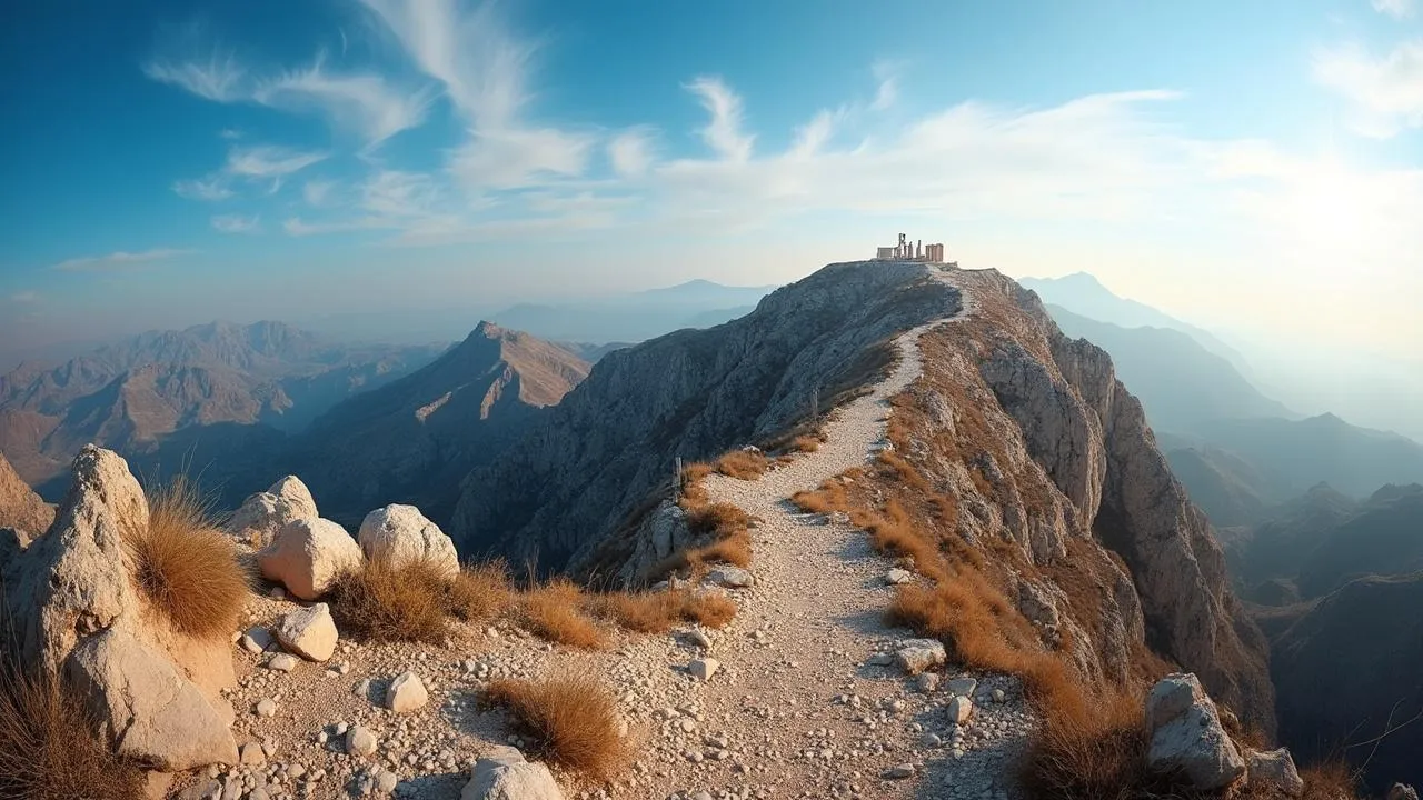 A rocky trail leads along a mountain ridge toward a small building at the summit, with distant peaks in the background.